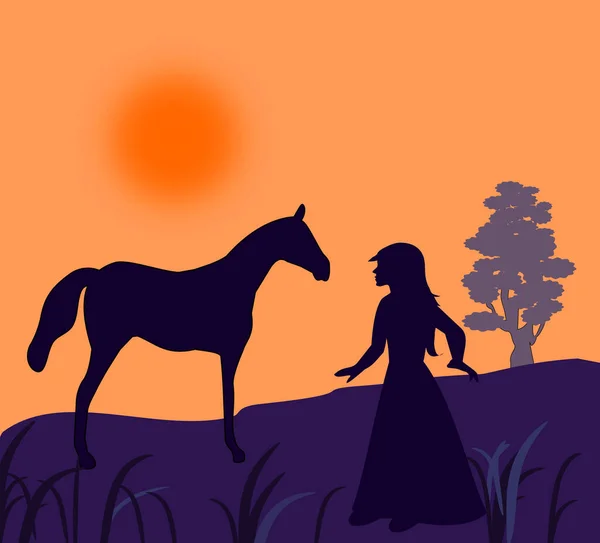 Girl Standing Horse Sunset — Stock Photo, Image