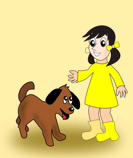 一只快乐的棕色狗和一个穿着黄色裙子的微笑的小女孩 — 图库照片