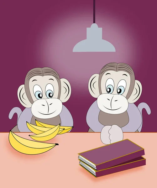 2匹の幸せな猿とバナナとテーブルの上に2冊の本 — ストック写真