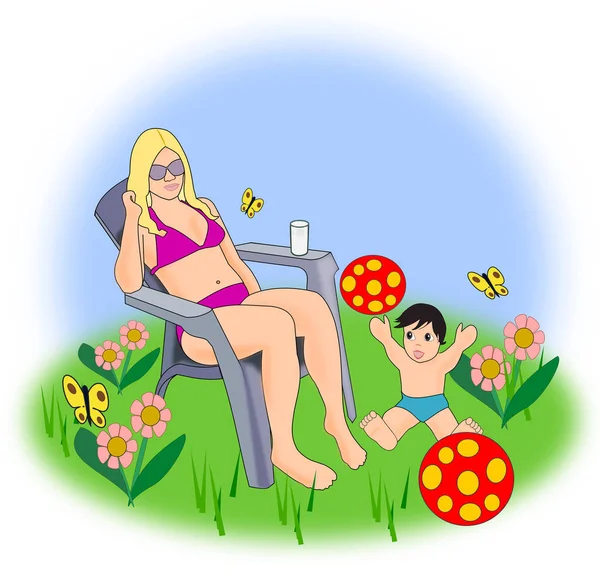 一个年轻的女人和一个小男孩在花园里玩得很开心 — 图库照片