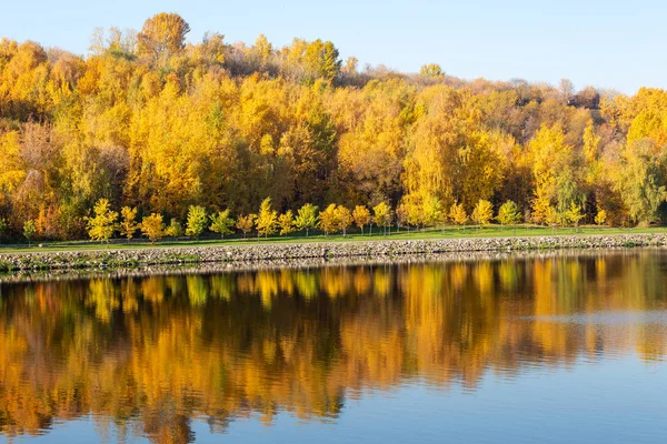 Renkli Sonbahar Sokak Boyunca Nehir Kıyısındaki Sonbahar Park Arka Plan — Stok fotoğraf