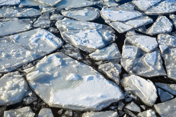 Floes Glace Sur Rivière Par Une Froide Journée Hiver Coucher — Photo