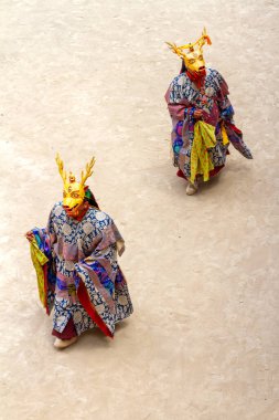 Hindistan 'ın Lamayuru manastırında düzenlenen Cham Dance (Yuru Kabgyat) Festivali sırasında, Geyik maskeli iki tanımlanamayan keşiş Tibet Budizmi' nin dini maskeli ve kostümlü gizemli dansını icra ettiler. Yukarıdan görüntüle