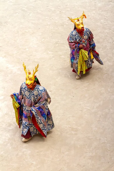 Two Unidentified Monks Deer Mask Perform Religious Masked Costumed Mystery — Stock Photo, Image