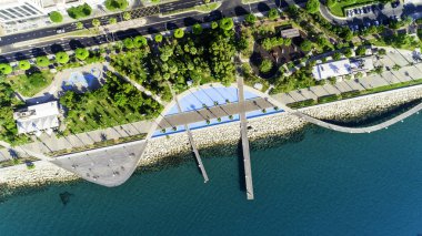 Kıbrıs Limasol sahil kent merkezinde hava görünümünü Molos Promenade Park. Kuş bakışı jetties, sahil yürüyüş yolu, palmiye ağaçları, Akdeniz, iskeleler, kayalar, şehir manzarası ve port yukarıdan.