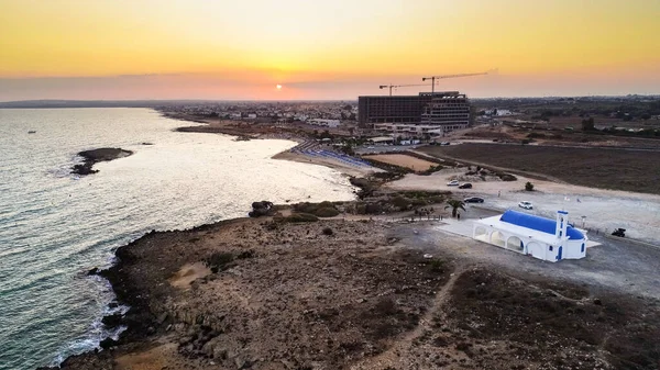 Aerial View Coastline Sunset Traditional Landmark White Washed Chapel Blue — Stock Photo, Image