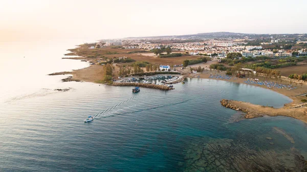 Aerial View Coastline Sunset Landmark White Washed Chapel Agia Triada — Stock Photo, Image