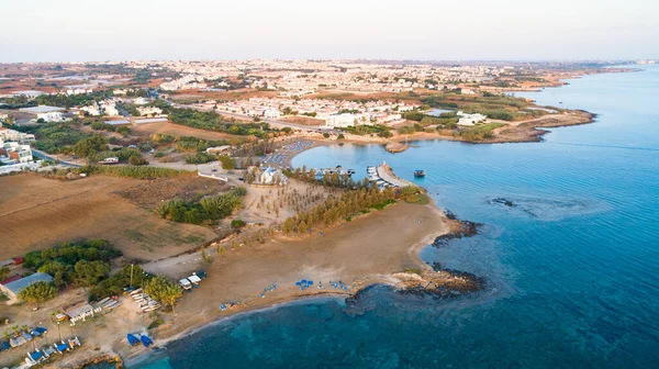 Aerial View Coastline Sunset Landmark White Washed Chapel Agia Triada — Stock Photo, Image