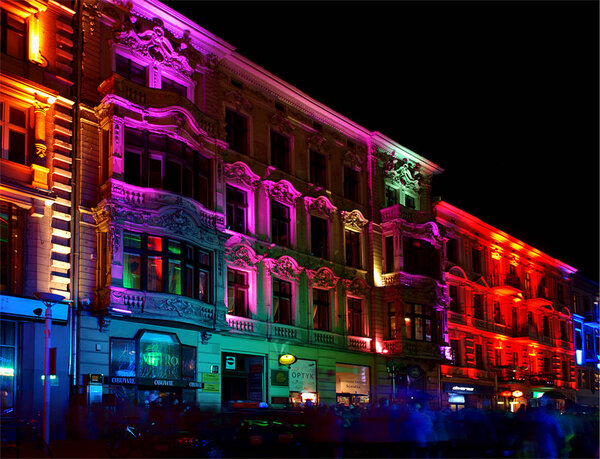 The power of light.   Lodz, Poland - October 2012   A spectacular illumination of lights on historic tenements at Piotrkowska Street during the 2012 Light Art Festival.