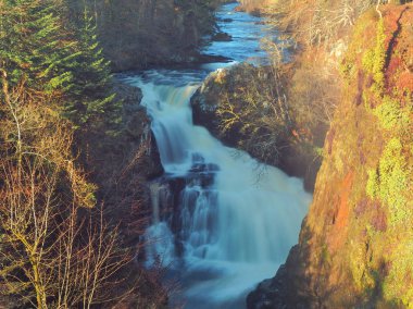 Bulanık su şelaleleri. Alyth, Blairgowrie, İskoçya - 15 Şubat 2019 İskoçya 'daki Reekie Linn şelalesinin düşen suyu.