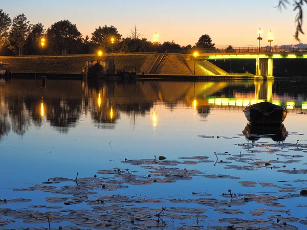 Evening Augustow Augustow Poland July 2020 Boat Reflected Evening Lights — Stock Photo, Image