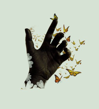 Life transformation concept, butterflies flying out of black hand