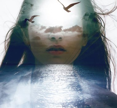 Double exposure portrait of woman with ocean, clouds and flying birds clipart