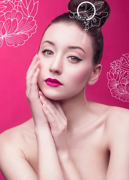 portrait of beautiful asian brunette woman with perfect clean skin, pink lips and bright makeup with black eye liner on pink background