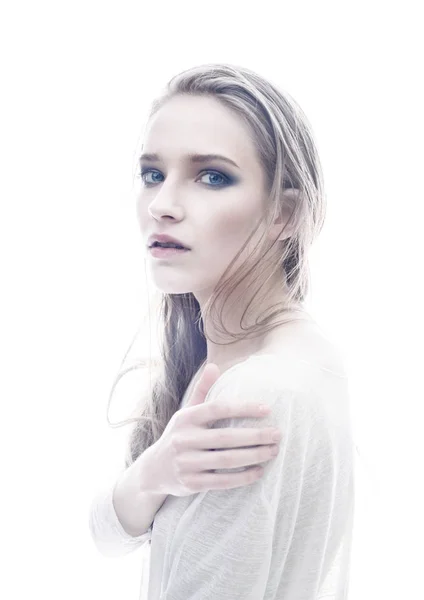 Portrait Beautiful Young Blonde Woman Flawless Skin Perfect Make Embracing — Stock Photo, Image