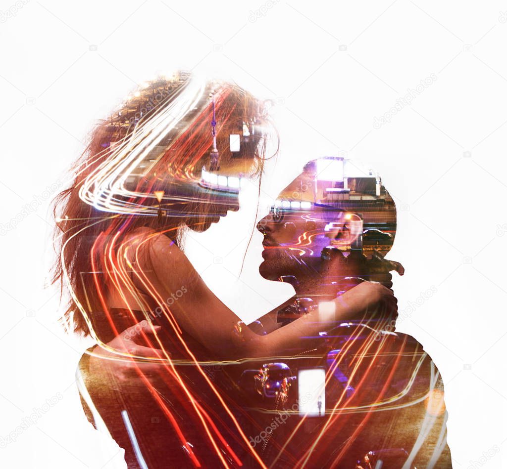 Double exposure portrait of hugging couple with night city road. Romance and people concept. Night city life
