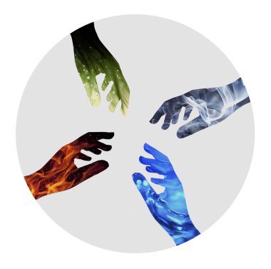 Nature four elements unity. Water, Fire, Earth, Air on silhouette of hands  clipart