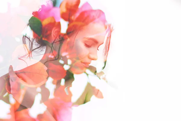 Double Exposure Portrait Young Pretty Woman Bright Spring Garden Flowers — Stock Photo, Image