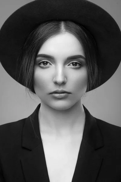 Portrait Beautiful Woman Black Hat Black White Style — Stock Photo, Image