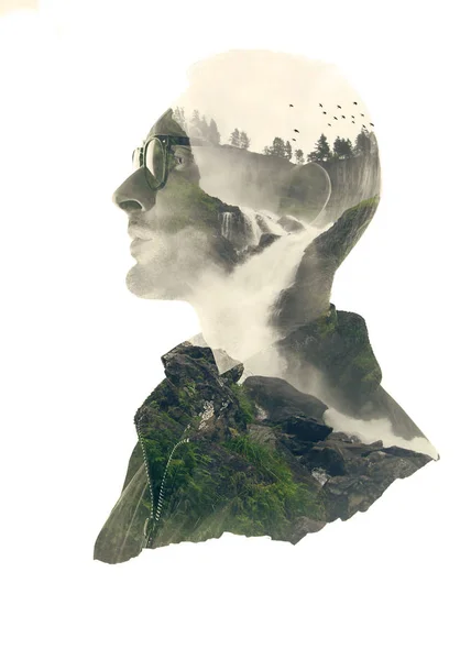 Double Exposure Silhouette Portrait Thoughtful Man Green Forest Landscape Water — Stock Photo, Image