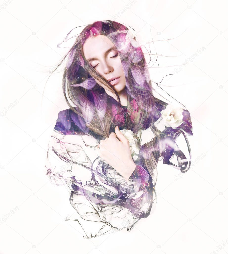 Visual digital art. Double exposure effects of androgynous with closed eyes and flowers