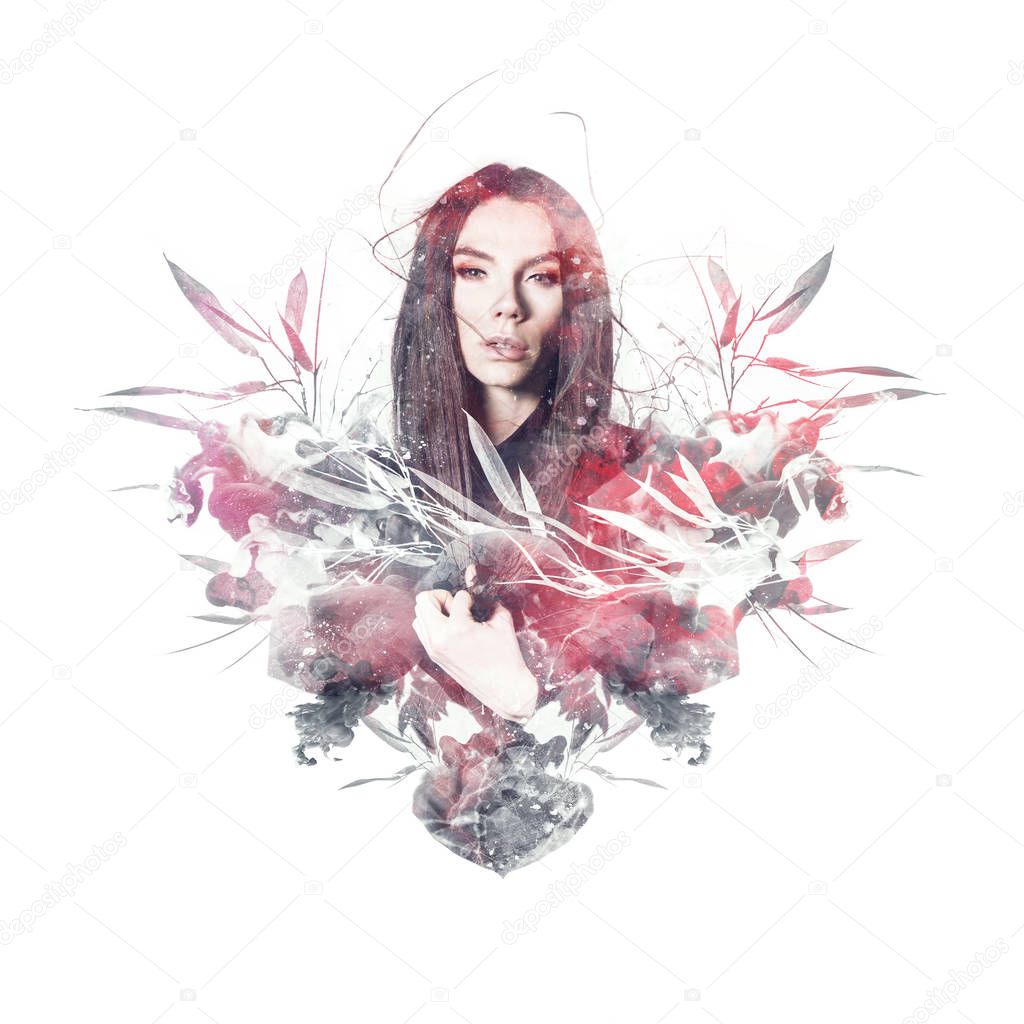 Visual digital art. Fantasy woman portrait. Double exposure effects of fairy nymph with bamboo leaves branches and color smoke