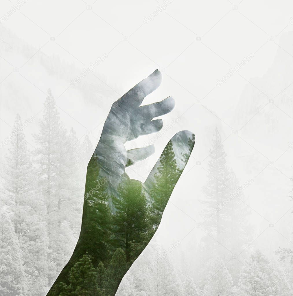 Double exposure effects on hand silhouette with green forest and mountains landscape. Save planet green concept