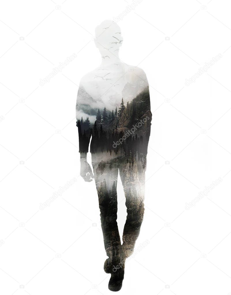 Double exposure full body man with nature mountains, foggy forest and flying birds. Silhouette isolated on white. 