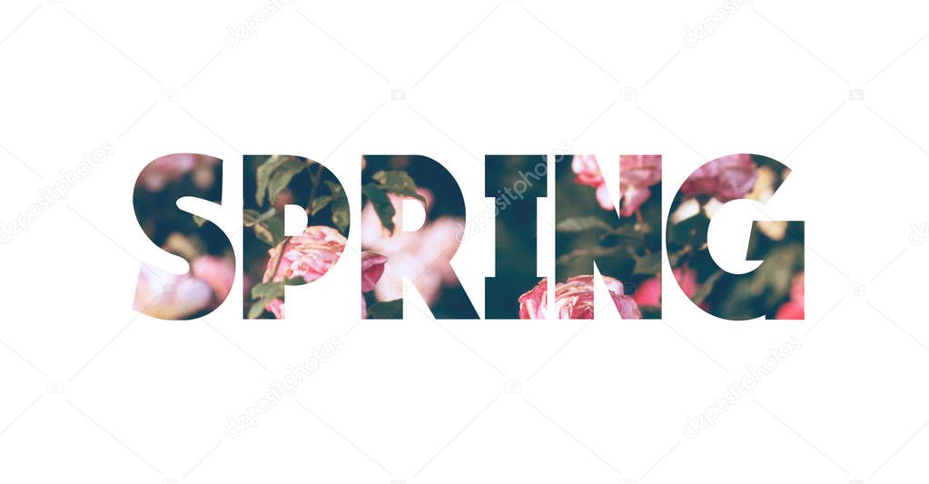 Word spring with natural background pictures. Double exposure, isolated on white