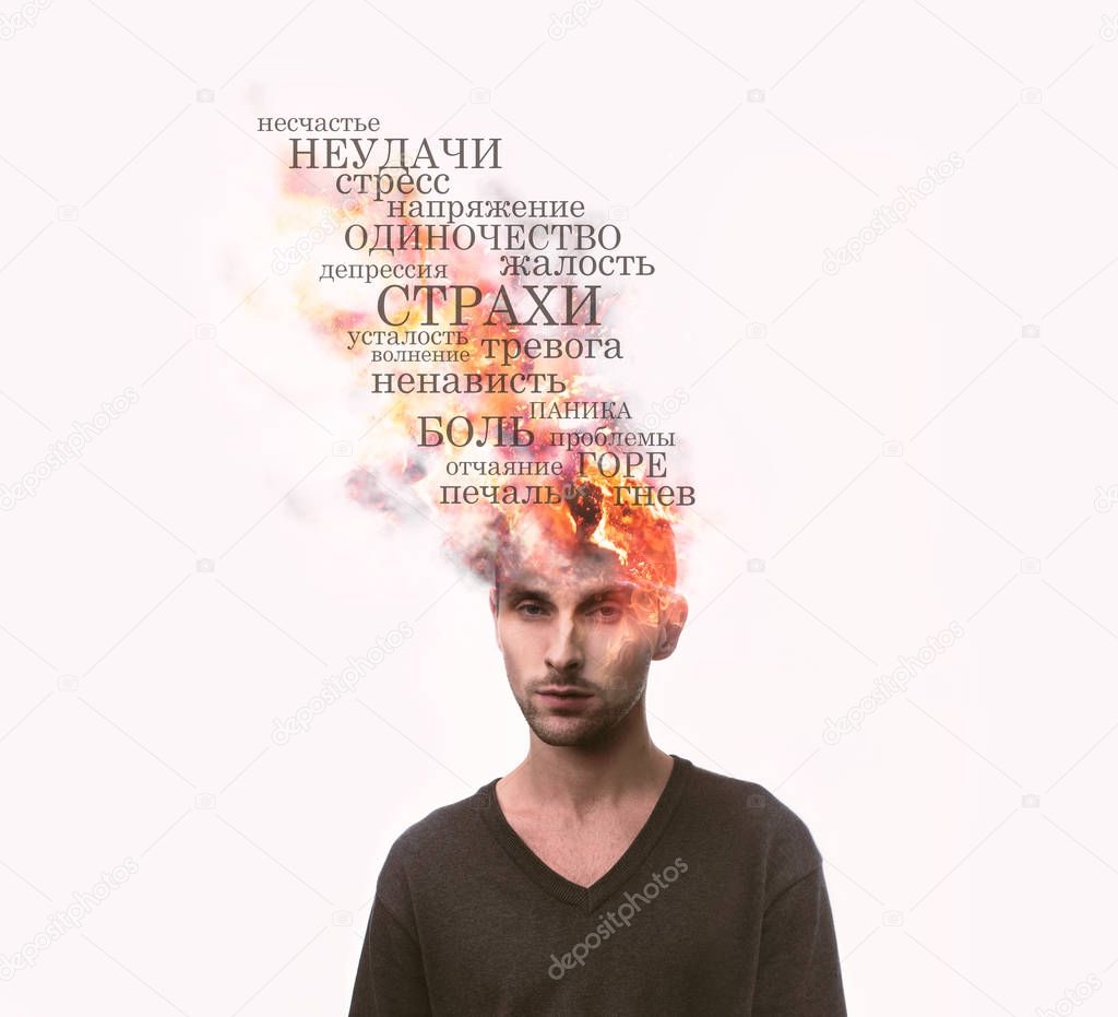 Head of man exploding and burning on fire from negative thoughts in Russian. Negative people emotions words concept. Mental health. Isolated on white background