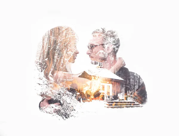 Double Exposure Portrait Couple Looking Each Other Love Embracing Combined — Stock Photo, Image