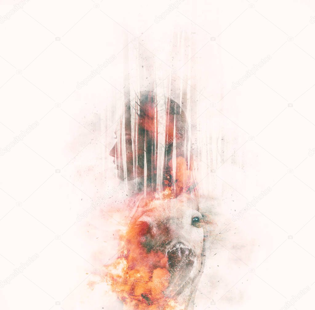 Double exposure portrait of a young thoughtful woman combined with photograph of deer in the woods on fire. Conceptual image showing unity of human with nature. Ecology, wildlife. Save the planet