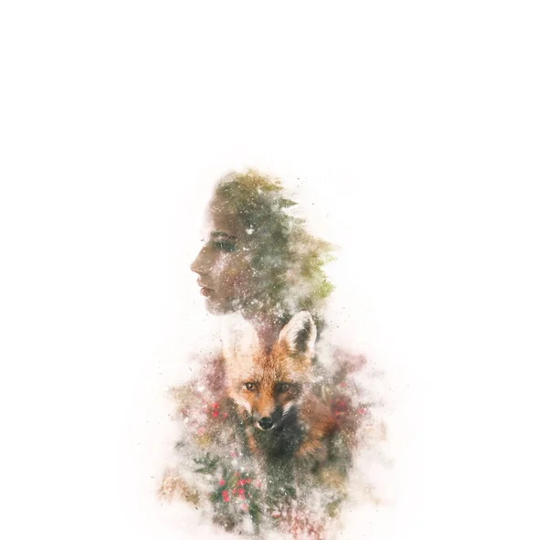 Double Exposure Portrait Young Thoughtful Woman Combined Photograph Fox Winter — Stock Photo, Image