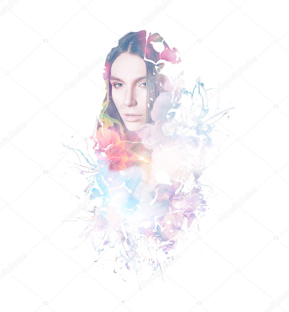 Visual digital art. Fantasy woman portrait. Double exposure effects. Beautiful girl in clothes made of bright paint and flowers. Loveliness of spring, youth and feminity