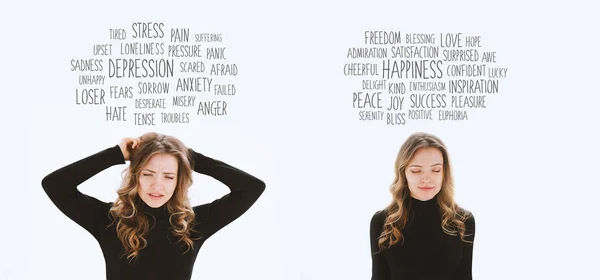 Portrait Young Woman Stressed Negative Emotions Happy Smiling Woman Thinking — Stock Photo, Image