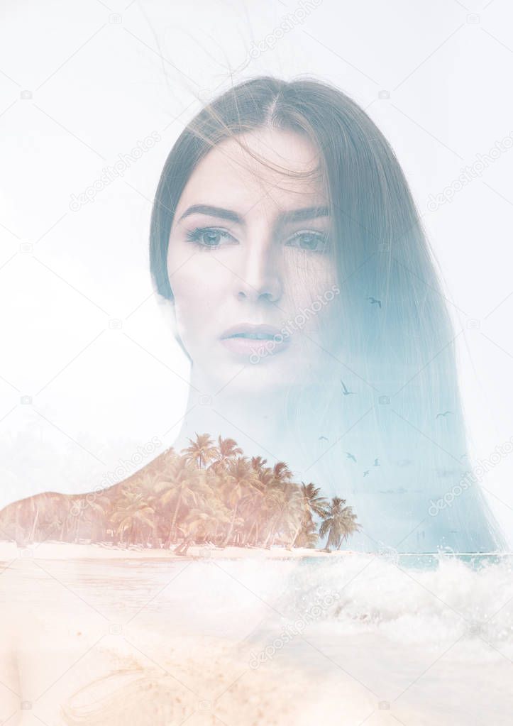 Double exposure portrait of a young thoughtful woman combined with photograph of ocean landscape. Conceptual image showing unity of human with nature. Freedom. Summer vacation. Isolated on white background