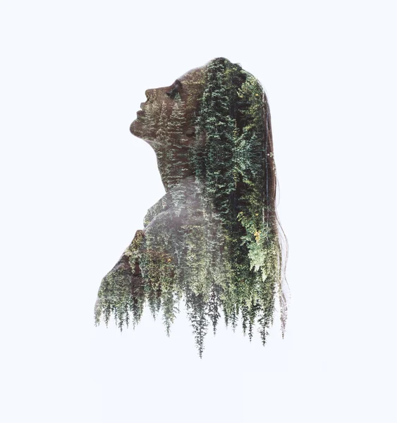 Dubbel Exponering Silhouette Huvud Porträtt Kvinna Kombination Med Gröna Träd — Stockfoto