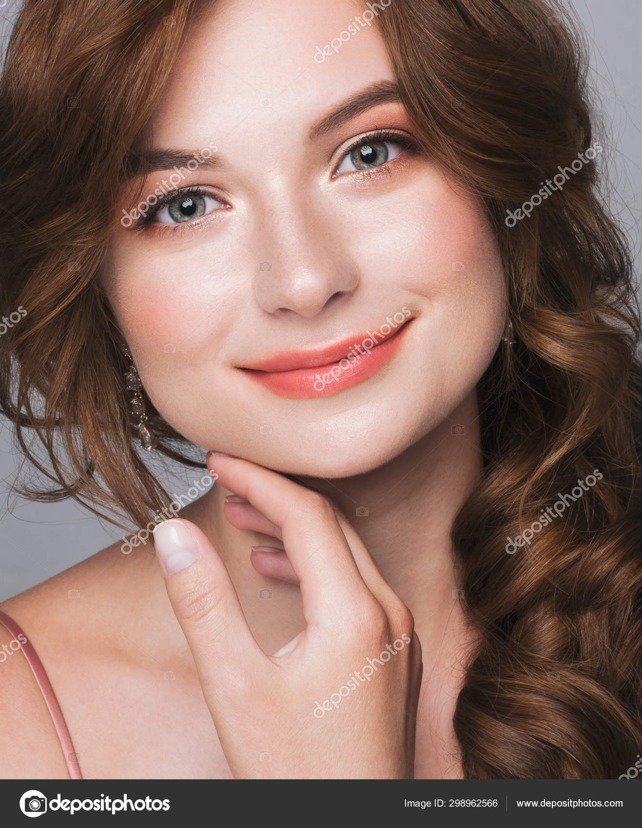 Nice Young Smiling Woman Long Wavy Silky Hair Natural Make Stock