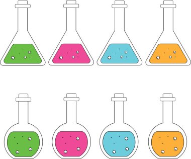 Renk çözeltileri olan kimyasal şişeler, yuvarlak ve üçgen..