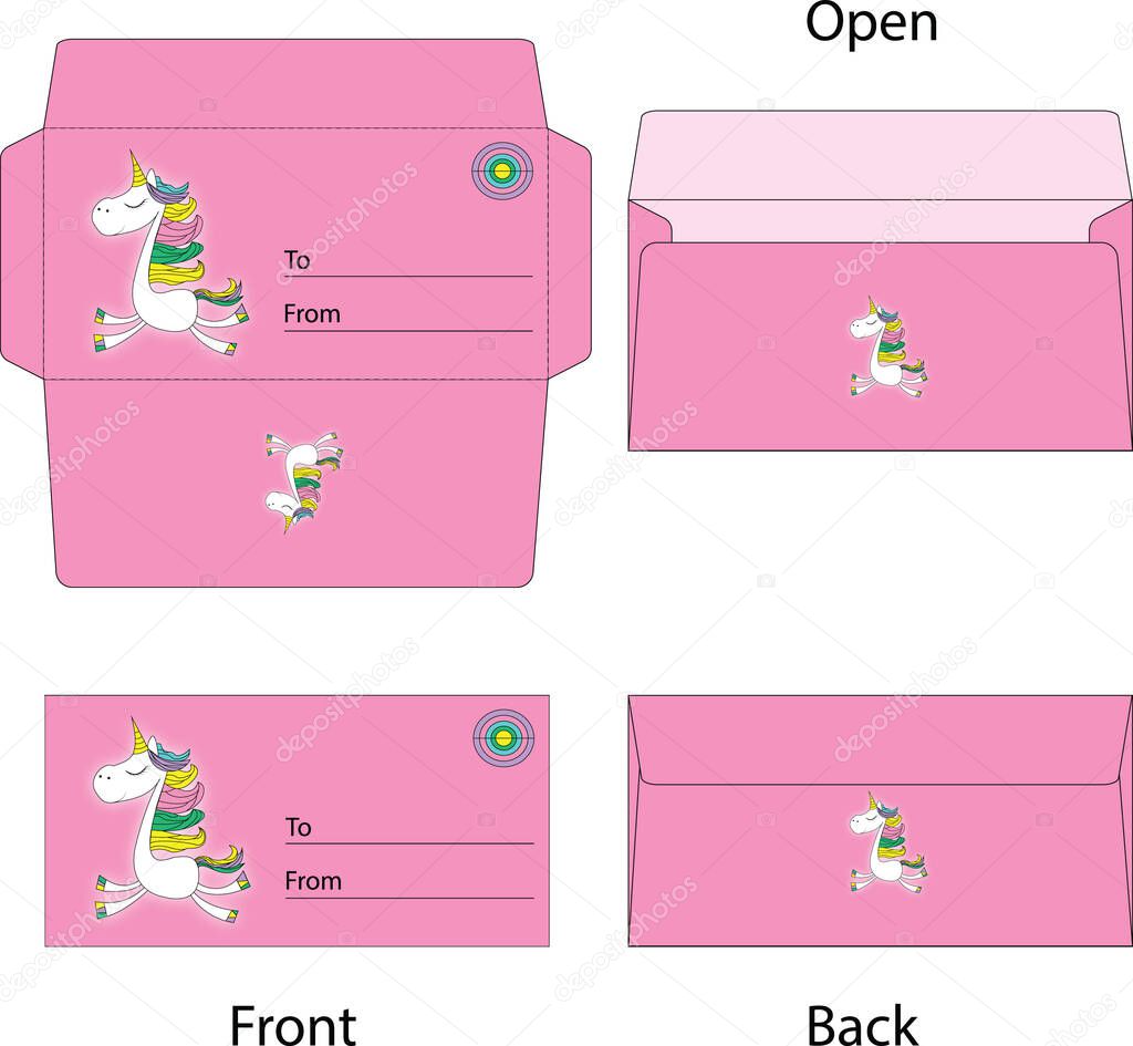   Pink gift envelope mockup, with pony and rainbow.
