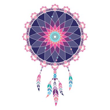 İzole çok renkli Rüya yakalayıcı tüylü beyaz arka plan üzerinde 