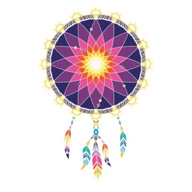 İzole çok renkli Rüya yakalayıcı tüylü beyaz arka plan üzerinde 