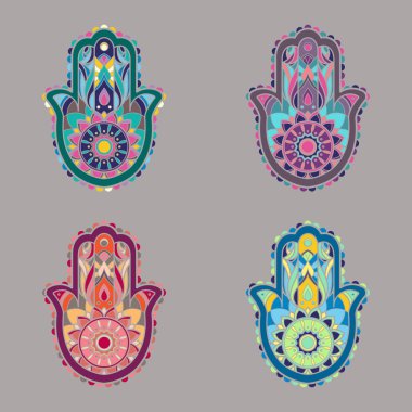 Fatima'nın renkli lineless ellerin beyaz anahat ve çeşitli süs eşyaları ile vektörel çizimler