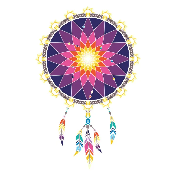 Geïsoleerde Veelkleurige Dream Catcher Met Veren Witte Achtergrond — Stockvector