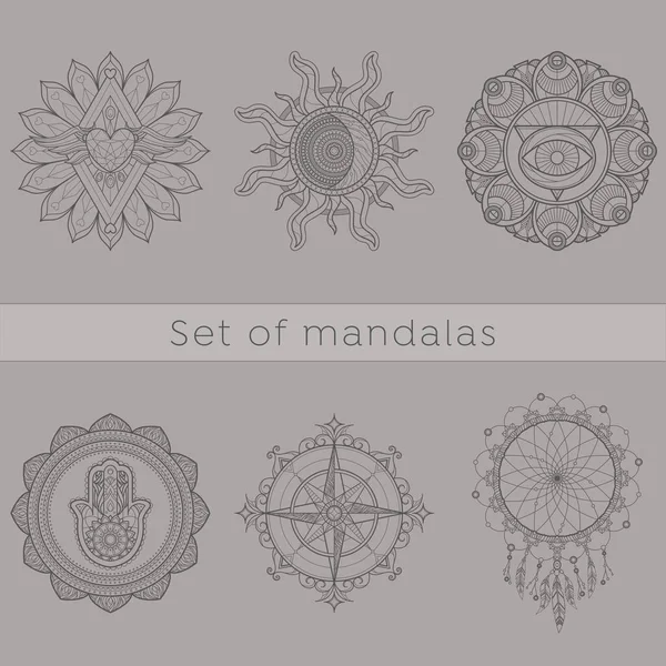 Conjunto Seis Intrincadas Artes Línea Mandalas — Archivo Imágenes Vectoriales