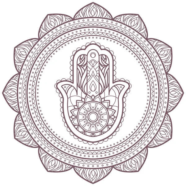 Mandala Intrincado Circular Con Mano Hamsa Diseñado Para Colorear Páginas — Vector de stock