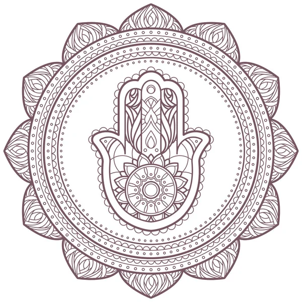 Mandala Intrincada Circular Com Mão Hamsa Projetado Para Colorir Páginas —  Vetores de Stock