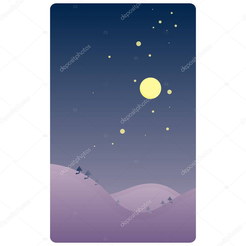 Simple design of a night landscape with moon, stars and trees