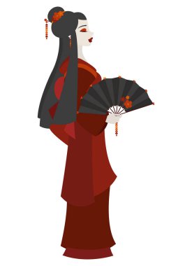 Bir geyşa gibi giyinmiş ve dekore edilmiş bir fan beyaz arka plan üzerinde tutan genç bir Japon kadın renkli resimde
