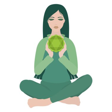 Illustration of a woman with closed eyes meditating in yoga lotus pose with heart chakra in the middle on white background clipart